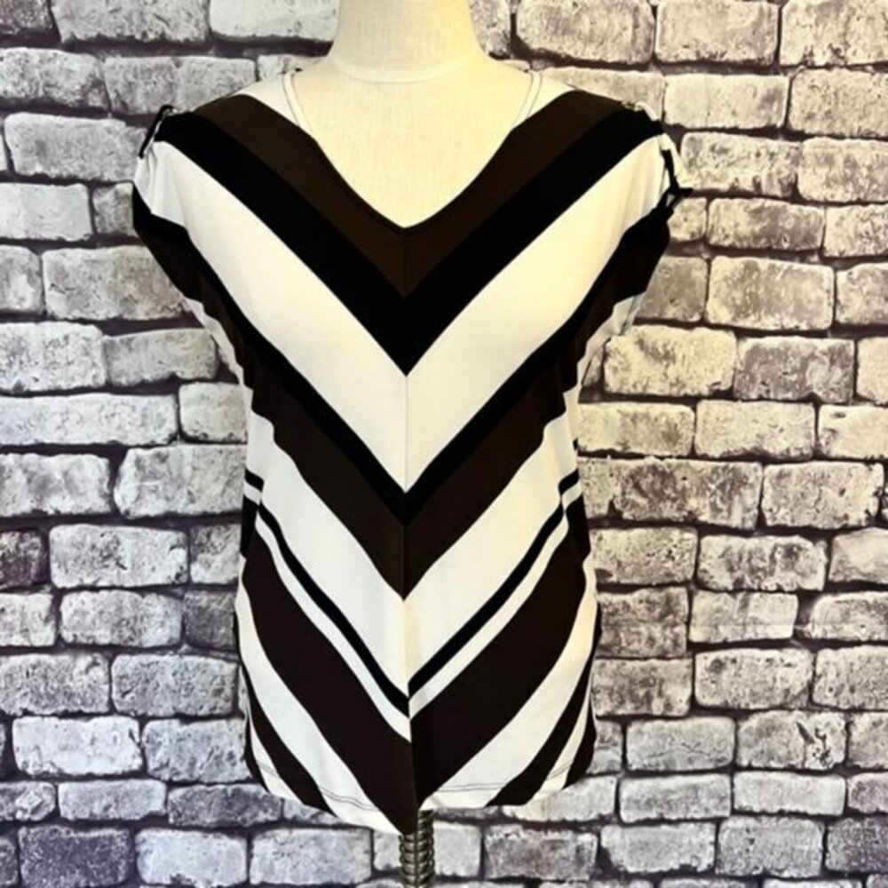 Chico's White Black & Brown V-neck Sleeveless Blouse Size Small